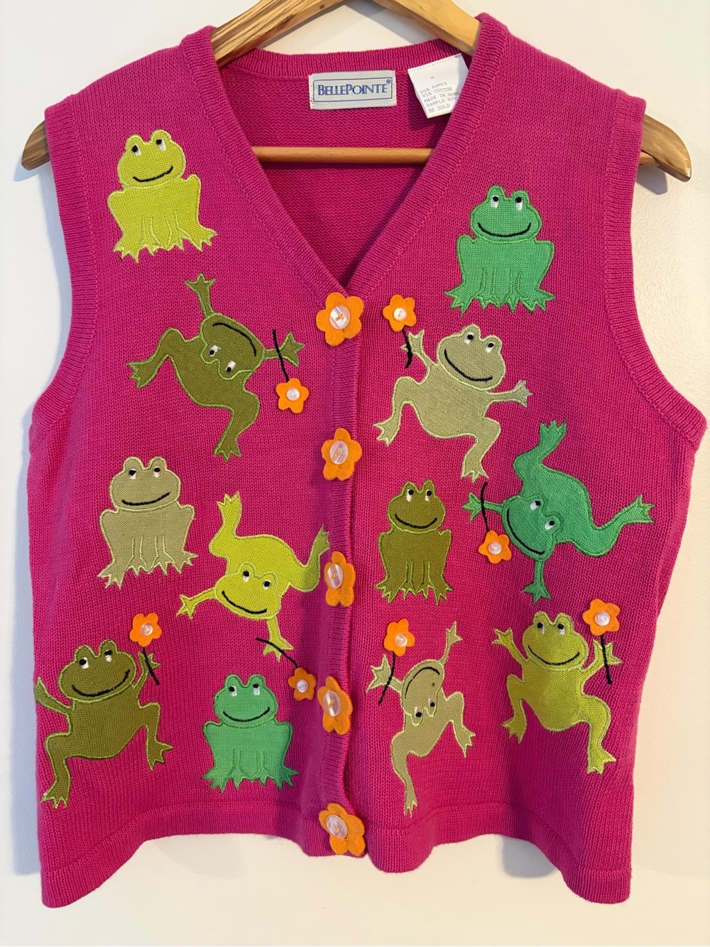 Vintage BellePointe SAMPLE Frog Sweater Vest M Ramie Cotton Novelty Knit